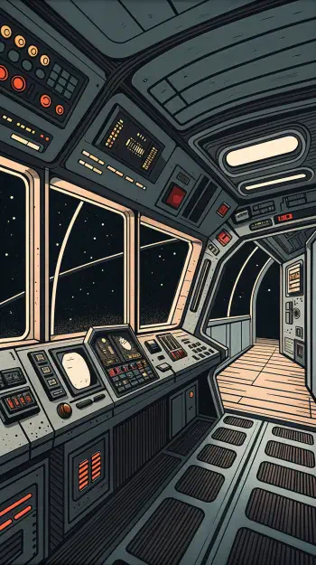 Vertical phone wallpaper of a stylized spaceship interior cockpit, control panels and star-filled windows, formatted for iPhone and Android screens.