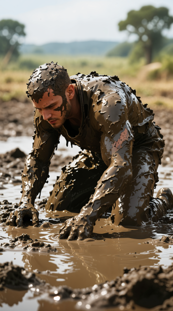 Person crawling through thick mud, body and face splattered—gritty vertical phone wallpaper compatible with iPhone and Android.