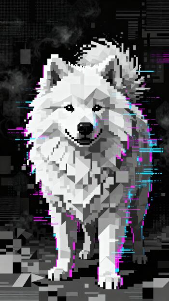 Geometric glitch-style white Samoyed centered on a dark, pixelated tech background — phone wallpaper formatted for iPhone and Android screens.