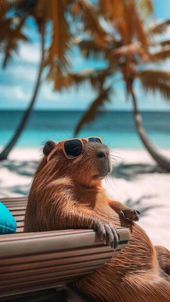 Cute capybara in sunglasses lounging on a tropical beach; vertical phone wallpaper for iPhone and Android.