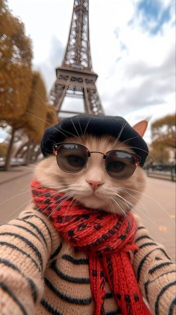 Funny cat selfie in a beret, sunglasses and red scarf before the Eiffel Tower — vertical phone wallpaper that works on iPhones and Android phones.