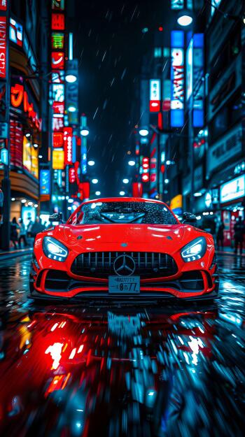 Phone wallpaper (iPhone/Android): front view of a red Mercedes‑Benz on a rainy, neon-lit city street with vivid reflections.