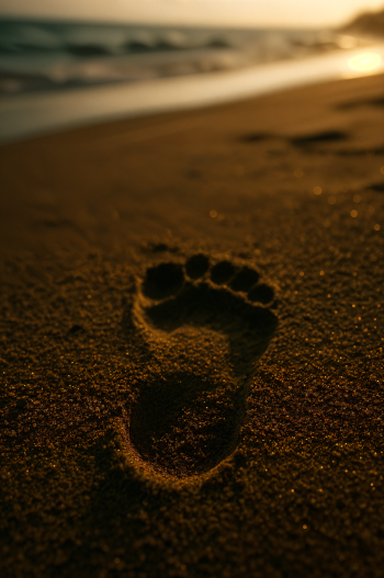 Single footprint pressed into golden beach sand at sunset, shallow focus — minimalist phone wallpaper for iPhone and Android.