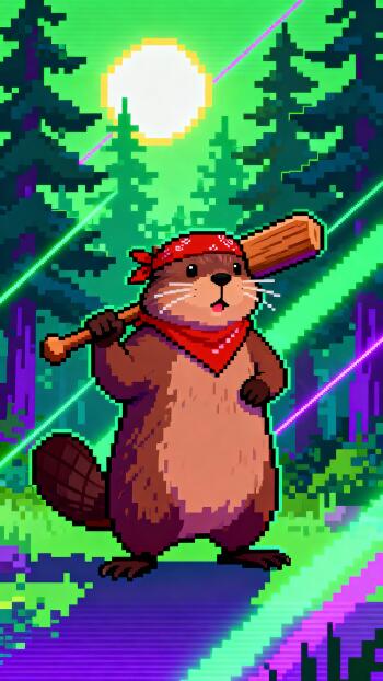 Pixel-art beaver with a red bandana holding a wooden bat in a neon pine forest under a bright sun — phone wallpaper for iPhone and Android.