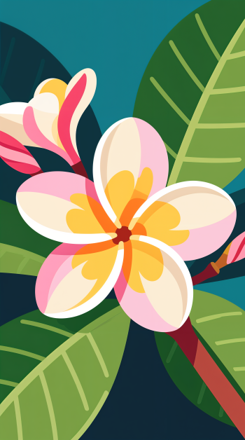 Plumeria illustration: close-up pink, yellow and white bloom with green leaves on teal background — vertical phone wallpaper sized for iPhone and Android.