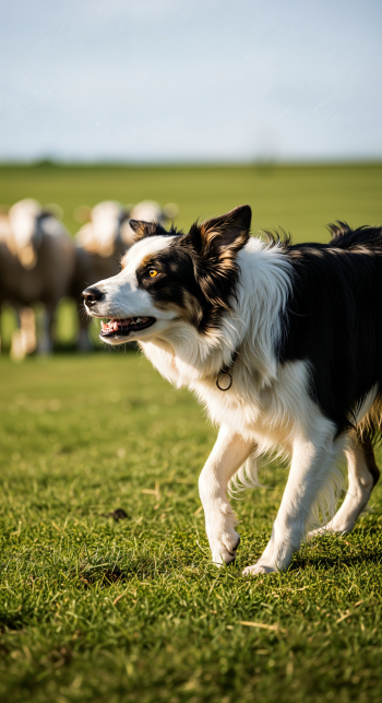 Vertical phone wallpaper of a black-and-white sheepdog poised in a green pasture with blurred sheep behind, formatted for iPhone and Android screens.
