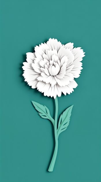 Phone wallpaper for iPhone and Android: white paper-cut carnation with a single stem and leaves centered on a teal background.