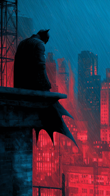Batman silhouetted on a rain-soaked rooftop overlooking a neon red and blue Gotham skyline; vertical phone wallpaper for iPhone and Android.