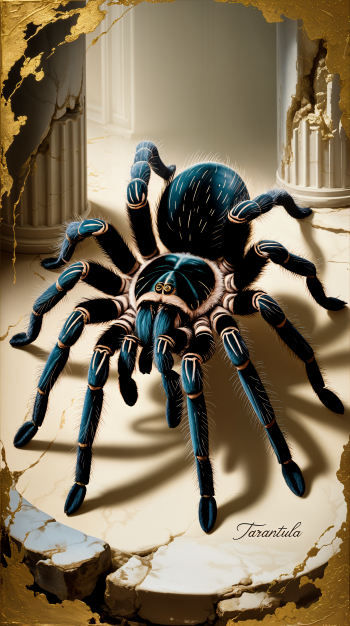 Phone wallpaper for iPhone and Android phones: stylized blue-black tarantula crawling on cracked marble columns, framed by torn gold-leaf edges.
