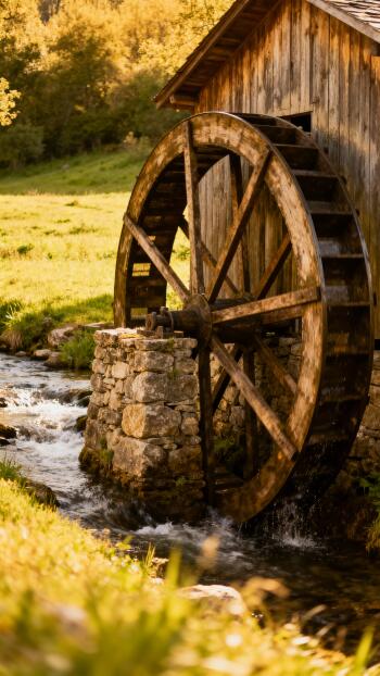 Vertical phone wallpaper showing a rustic watermill by a sunlit stream at golden hour, for iPhone and Android home and lock screens.