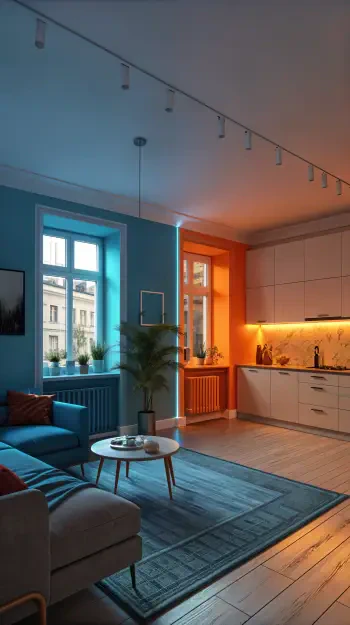 Apartment phone wallpaper for iPhone and Android: modern living room and kitchenette in an apartment, contrasting blue and orange light, cozy sofa, rug and potted plants.