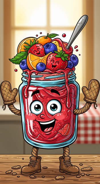 Playful jam jar character with fruit, spoon, mitts and boots on a kitchen background — colorful phone wallpaper for iPhones and Android phones.