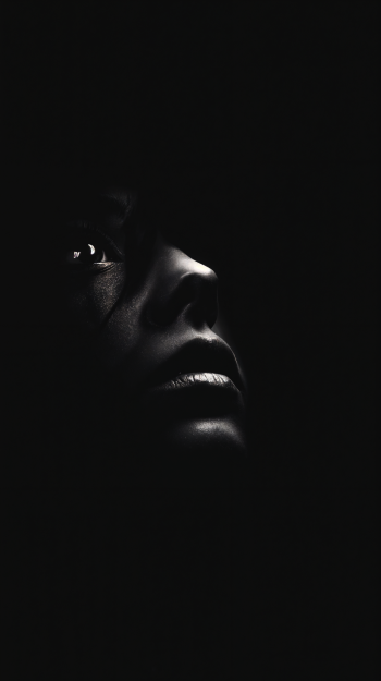Dark phone wallpaper for iPhone and Android showing a face emerging from black shadow with dramatic highlights on the eye, nose and lips.