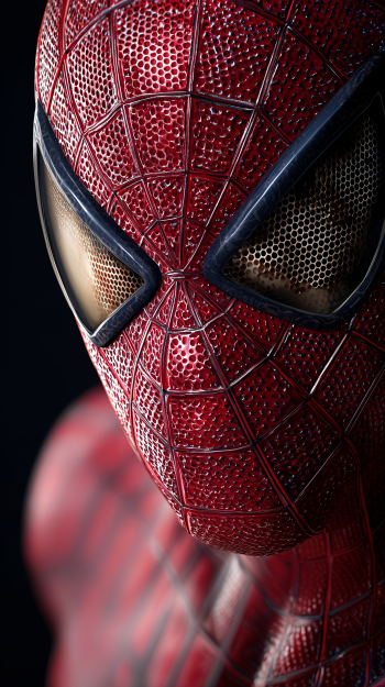 Close-up of Spider-Man's mask with textured red webbing and reflective lenses; vertical wallpaper sized for iPhone and Android phones.