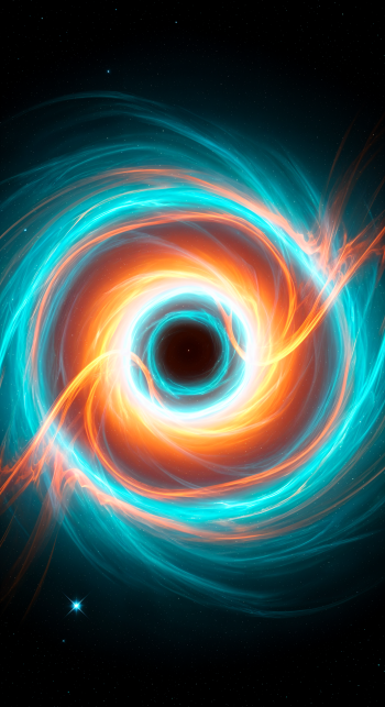 Phone wallpaper of a wormhole: swirling turquoise and orange vortex around a dark center in a starry space field, designed for iPhone and Android screens.