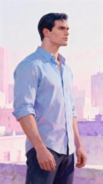 Clark Kent phone wallpaper: painted portrait in a light-blue shirt on a rooftop against a pastel city skyline, sized for iPhone and Android.