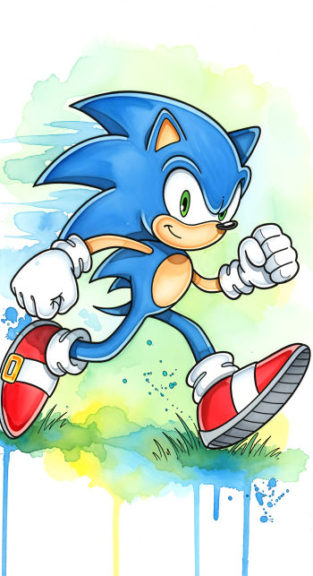 Vibrant Sonic the Hedgehog phone wallpaper depicting Sonic sprinting over watercolor splashes, vertical layout designed for iPhone and Android screens.