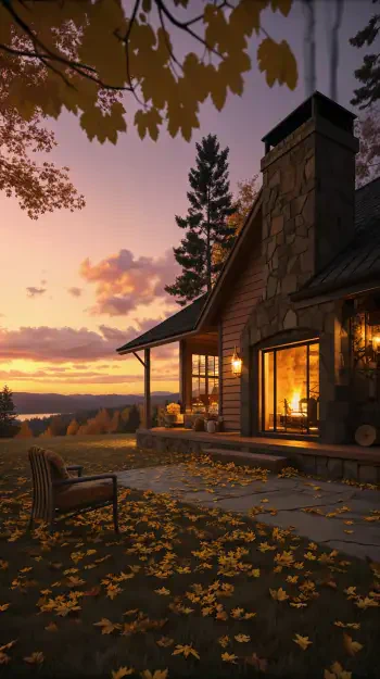 Cozy autumn cabin at sunset with glowing fireplace and fallen leaves — vertical fall phone wallpaper formatted for iPhone and Android.