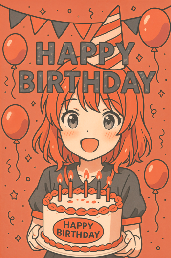 Anime birthday phone wallpaper: cheerful red-haired girl in party hat holds a cake with lit candles beneath a HAPPY BIRTHDAY banner, surrounded by balloons and confetti — formatted for iPhone and Android phones.