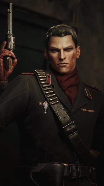 Phone wallpaper for iPhone and Android: video game art from Metal Gear Solid 3: Snake Eater showing a stern Soviet-uniformed soldier holding a revolver against a dark background.