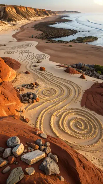 Vertical phone wallpaper for iPhone and Android: golden sunrise on a red‑cliffed beach with concentric spiral sand art, scattered boulders in foreground and gentle ocean waves in the background.
