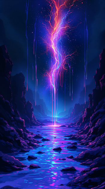 Melting neon lightning cascades into a glowing purple-blue river between jagged cliffs — vertical phone wallpaper for iPhone and Android.