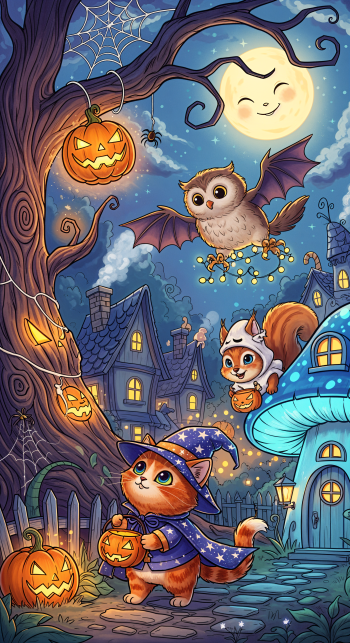 Cute Halloween phone wallpaper that works on iPhone and Android — moonlit village with a witch-cat holding a pumpkin, costumed squirrel, bat-winged owl and glowing jack-o'-lanterns.