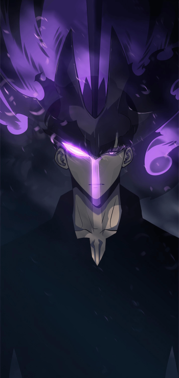 Vertical phone wallpaper for iPhone and Android of Solo Leveling's Sung Jin‑Woo: shadowed anime figure with a single glowing purple eye and swirling purple aura like hair.