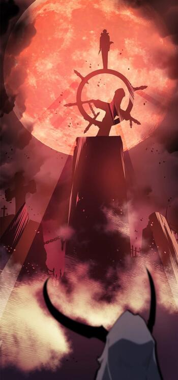 Anime phone wallpaper (iPhone/Android): red Solo Leveling boss fight — Sung Jin-Woo silhouetted atop a rune circle on a pillar beneath a blood moon, boss shadow looming.