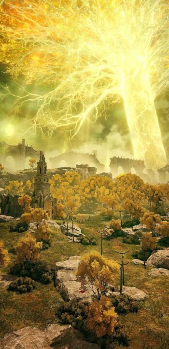 Elden Ring phone wallpaper: towering glowing golden tree above yellow autumn woods and ruined castle, vertical gaming environment formatted for iPhone and Android devices.