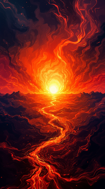 Phone wallpaper for iPhone and Android phones: molten sunset with a blazing sun and a lava-like river of light cutting through dark clouds.