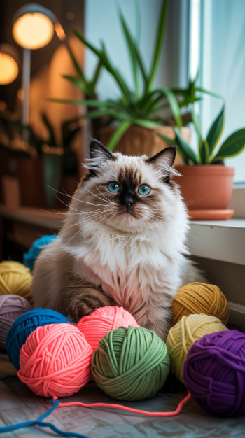 Ragdoll cat with bright blue eyes among colorful yarn balls on a windowsill — phone wallpaper for iPhone and Android