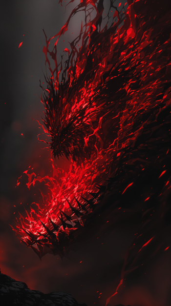 Phone wallpaper for iPhone and Android: a vertical dark crimson-black demonic skull formed of burning embers and twisted branches, with jagged teeth and drifting sparks.