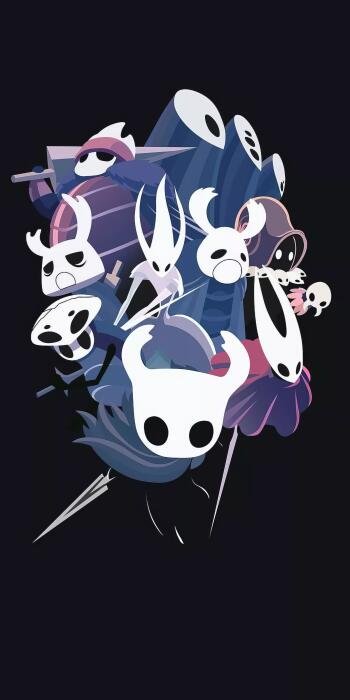 Minimalist Hollow Knight video game phone wallpaper (iPhone/Android) featuring Hornet and other stylized mask-like characters clustered against a dark background.