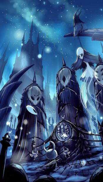 Blue Hollow Knight video game wallpaper: small white-masked Knight faces towering cloaked figures and spires beneath a starry blue sky — vertical phone wallpaper for iPhone and Android.