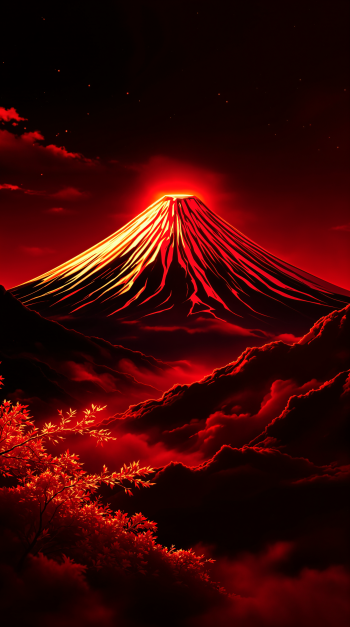Vertical phone wallpaper for iPhone and Android: Mount Fuji glowing red and gold above crimson clouds, a starry night sky, and illuminated maple leaves in the foreground.