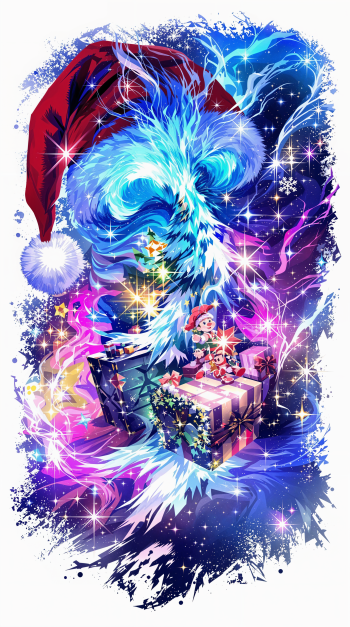 Phone wallpaper for iPhone and Android: a vibrant blue cosmic swirl shaped like a Christmas tree wearing a red Santa hat, glowing stars, wrapped gifts and a small elf.