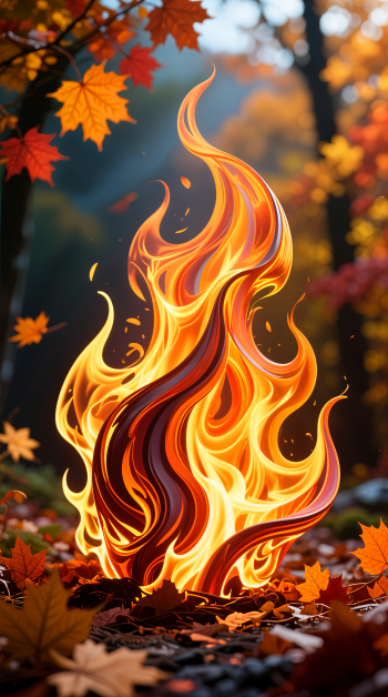 Phone wallpaper for iPhone and Android: swirling luminous flame rising among autumn maple leaves on a forest floor, warm golden bokeh background.