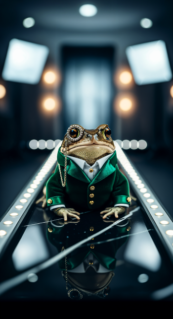 Well-dressed toad in a green suit and monocle on a glossy, illuminated runway — stylish phone wallpaper for iPhone and Android.