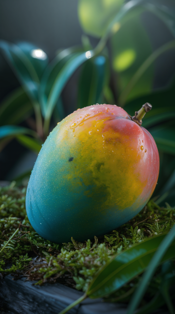 Vertical phone wallpaper of a dewy, multicolored mango (blue, yellow, pink) resting on moss with soft green leaves — works on iPhone and Android.
