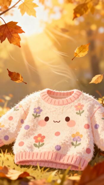Cozy kawaii floral sweater with a smiling face drifting among golden autumn leaves — sweater weather phone wallpaper for iPhone and Android.