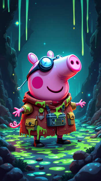 Peppa Pig in a neon cave wearing goggles and a gadgeted jacket, standing on glowing slime — phone wallpaper sized for iPhone and Android.
