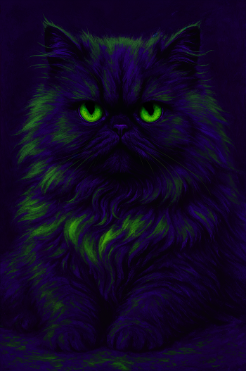 Neon-lit black Persian cat with glowing green eyes and fur accents on a dark background — phone wallpaper formatted for iPhone and Android.