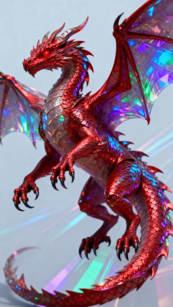 Phone wallpaper showing a shimmering red dragon with iridescent, holographic wings coiled mid-air against a pale sky.
