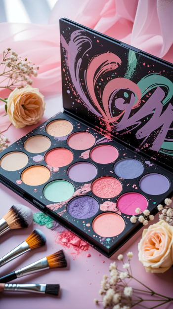 Vibrant makeup eyeshadow palette with brushes and pastel roses on pink draped fabric, shown as a phone wallpaper.