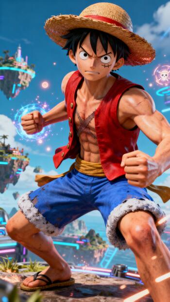 Phone wallpaper of Monkey D. Luffy in his straw hat and red vest, fists clenched and ready to strike, set against vibrant floating islands and neon energy effects.