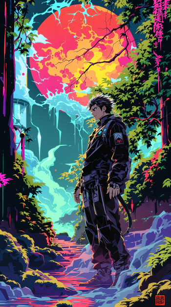 Vivid anime-style phone wallpaper showing a lone futuristic soldier on a neon forest path, luminous waterfall, jagged cliffs and a huge red moon overhead.