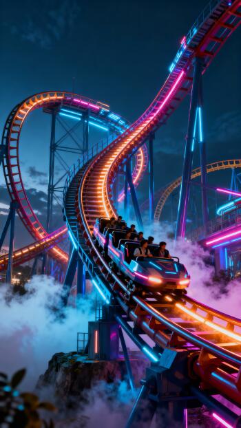 Vertical phone wallpaper: neon-lit roller coaster twisting through misty night sky, riders speeding along glowing, looping tracks.