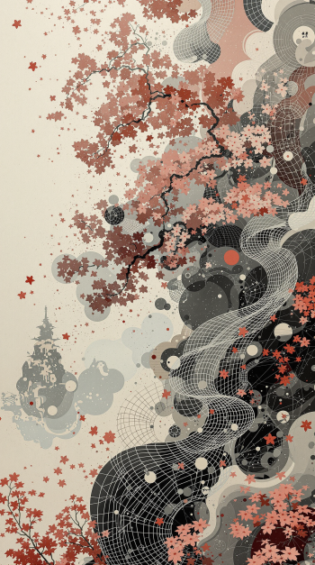 Japan-themed phone wallpaper: stylized cherry blossoms and maple leaves flowing from a gnarled branch into abstract mesh waves and circular motifs in soft pink, gray and cream.
