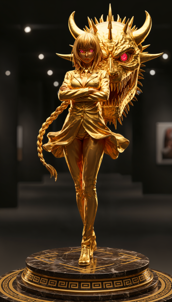 Phone wallpaper of Makima (Chainsaw Man) as a gleaming gold statue, arms crossed, braid at her side, a spiked demon skull with one glowing red eye looming behind on a marble pedestal.